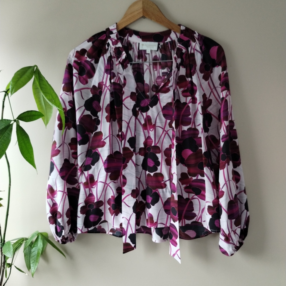 Silk Floral Blouse And Pants Set Purple and Black XS